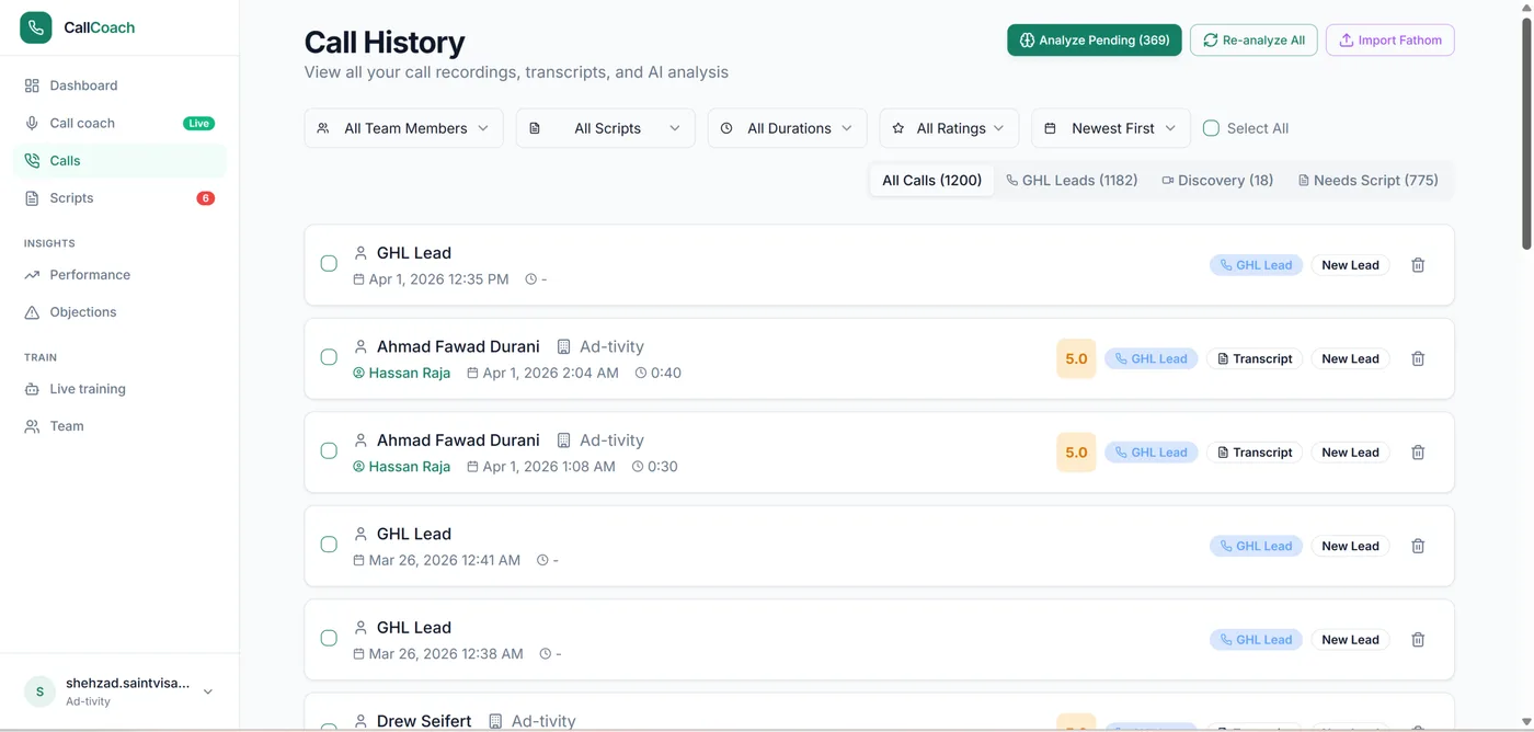 Call history dashboard
