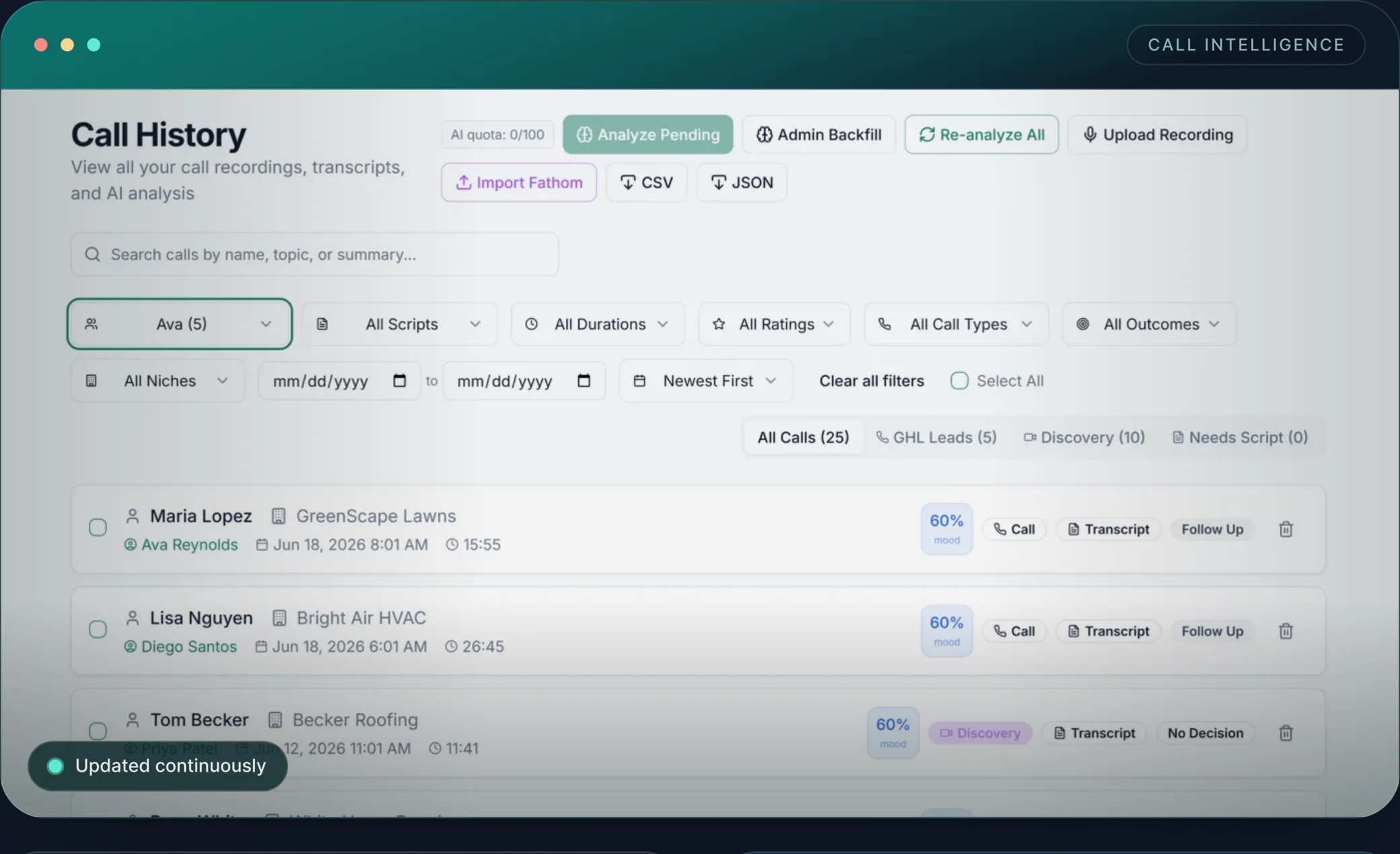 Call History — recordings, transcripts and AI analysis for the whole team
